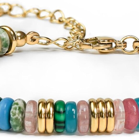 Colorful Beaded Stone Bracelets 18K Gold Plated Jewelry Gift for Women - Picture 1 of 7